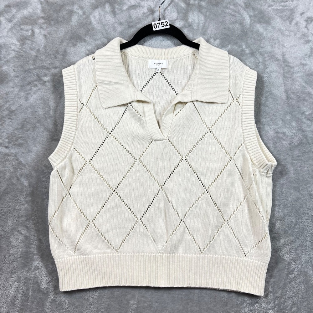 Weekend Las Angeles Cream Crochet Sleeveless Sweater Vest Size XL Preppy Classic